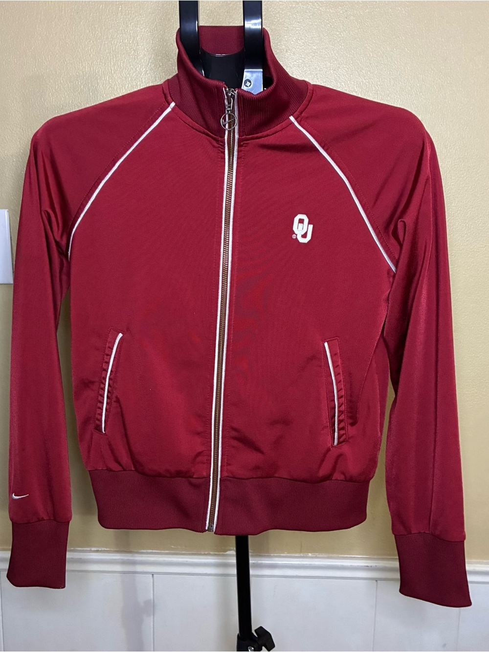 Nike Women's Crimson Full-Zip Varsity Jacket with White Piping